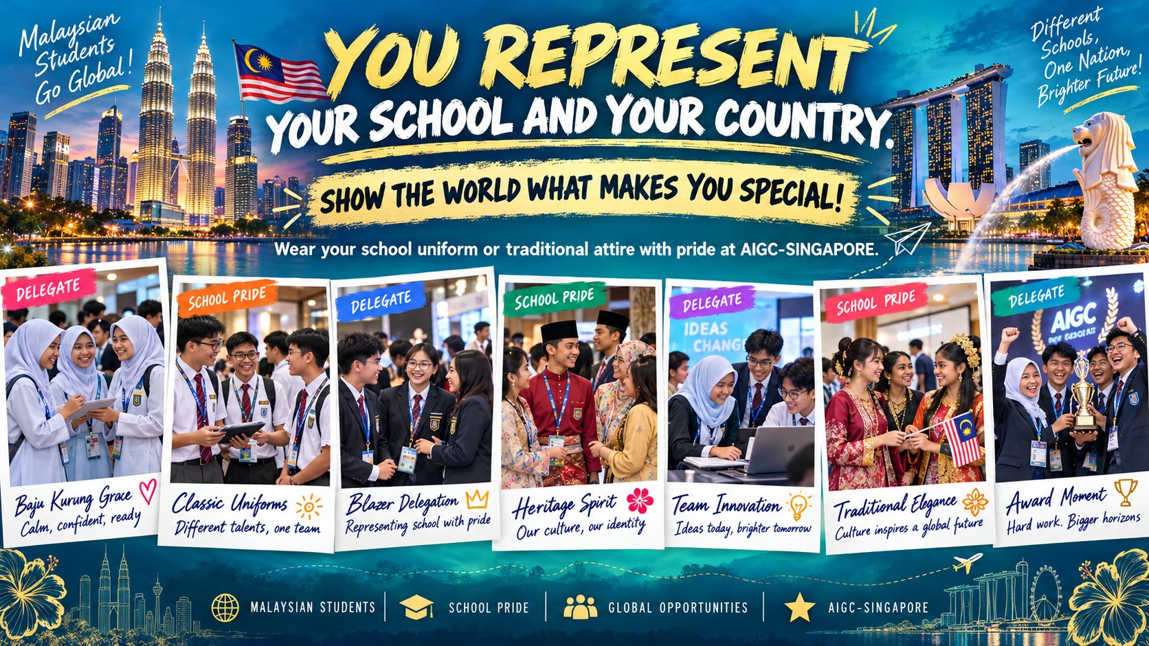Malaysian students go global — baju kurung, school blazers and heritage attire at AIGC-Singapore