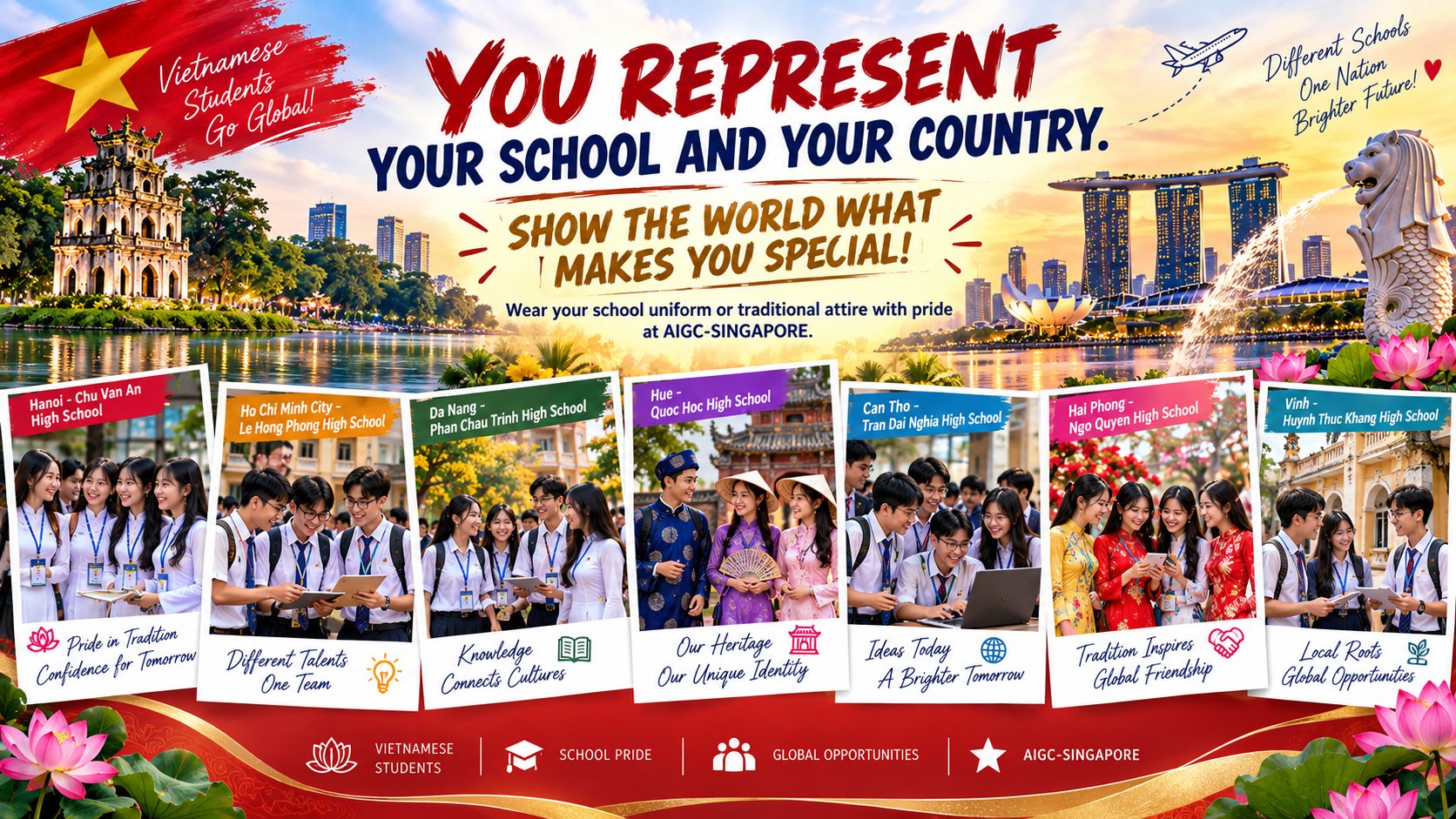 Vietnamese students from cities across Vietnam — school pride at AIGC-Singapore